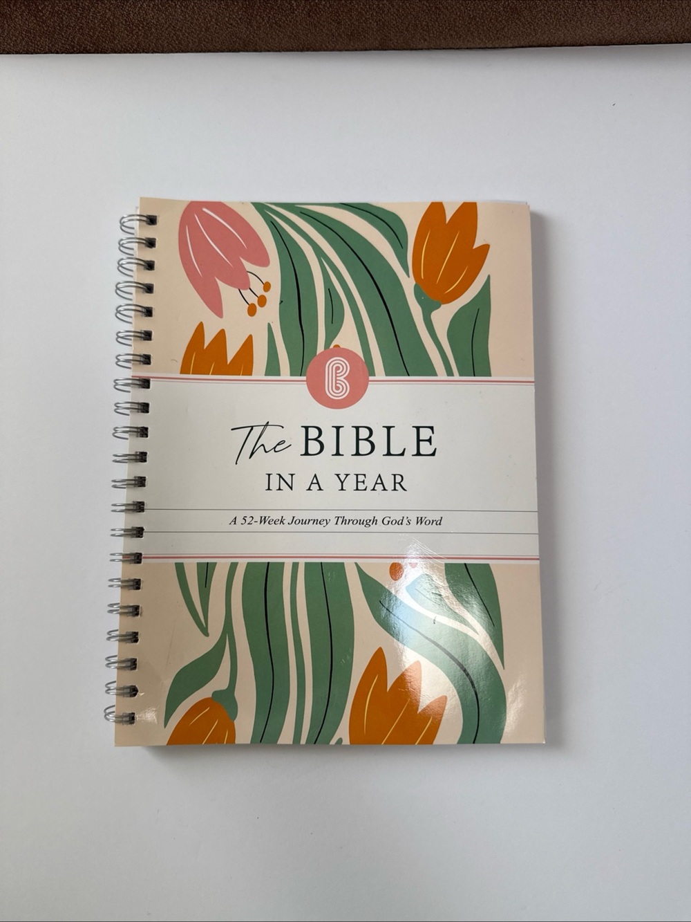 The Bible In A Year Spiral Journal - Floral Green & Peach Cover